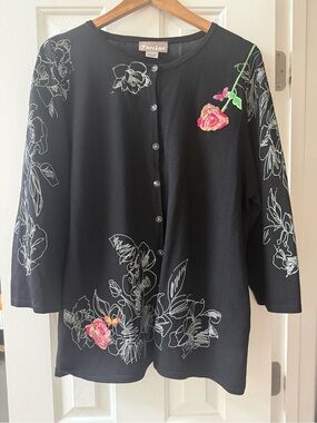 TanJay Vintage Embroidered Floral Rose Cardigan Jacket Black XL